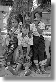 asia, asian, black and white, emotions, girls, groups, laos, people, river village, smiles, vertical, villages, photograph