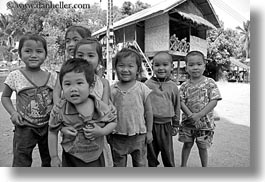 asia, asian, black and white, childrens, emotions, groups, horizontal, laos, people, river village, smiles, villages, photograph