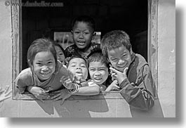 asia, asian, black and white, childrens, emotions, horizontal, laos, laugh, people, playing, river village, smiles, villages, windows, photograph