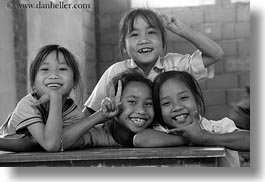 asia, asian, black and white, childrens, desks, emotions, horizontal, laos, people, poverty, river village, school, smiles, villages, photograph