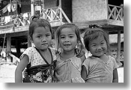 asia, asian, black and white, emotions, girls, horizontal, laos, people, poverty, river village, smiles, toddlers, villages, photograph