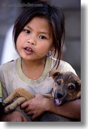 asia, asian, girls, laos, people, puppies, river village, vertical, villages, photograph