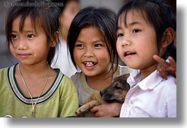 asia, asian, emotions, girls, horizontal, laos, people, puppies, river village, smiles, villages, photograph