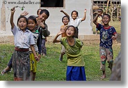 asia, asian, childrens, emotions, groups, horizontal, laos, laugh, people, river village, running, smiles, villages, waving, photograph