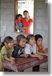 asia, asian, childrens, desks, emotions, groups, laos, people, poverty, river village, school, smiles, vertical, villages, photograph