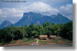 asia, horizontal, huts, laos, mountains, river village, roofs, thatched, villages, photograph