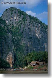 asia, huts, laos, mountains, river village, roofs, thatched, vertical, villages, photograph