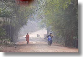 asia, horizontal, laos, monks, motorcycles, rural, villages, photograph