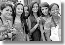 asia, bindi, black and white, earrings, emotions, girls, groups, horizontal, jewelry, kathmandu, nepal, pashupatinath, people, smiles, stud, teenagers, womens, photograph