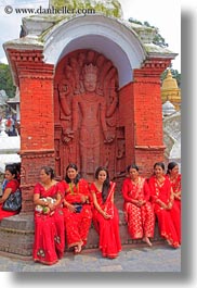 asia, aspara, bas reliefs, bindi, girls, groups, jewelry, kathmandu, nepal, pashupatinath, people, teenagers, under, vertical, womens, photograph