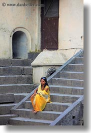 asia, kathmandu, nepal, pashupatinath, stairs, vertical, womens, yellow, photograph
