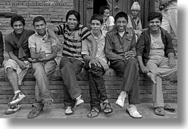 asia, black and white, boys, emotions, friends, horizontal, kathmandu, men, nepal, patan darbur square, smiles, photograph