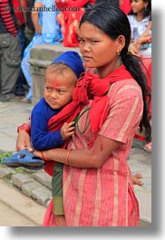 asia, babies, earrings, hindu, jewelry, kathmandu, mothers, nepal, patan darbur square, religious, sindoor, stud, tikka, vertical, womens, photograph