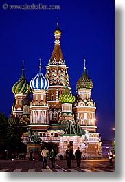 asia, buildings, churches, colorful, colors, landmarks, moscow, nite, onion dome, pedestrians, people, pokrovskiy, religious, russia, st basil, st basil cathedral, st. basil, structures, vertical, photograph
