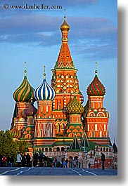 asia, buildings, churches, colorful, colors, landmarks, moscow, nature, onion dome, pedestrians, people, pokrovskiy, religious, russia, sky, st basil, st basil cathedral, st. basil, structures, sun, sunsets, vertical, photograph