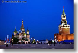 asia, buildings, churches, clock tower, colorful, colors, horizontal, landmarks, moscow, nite, onion dome, pedestrians, people, pokrovskiy, religious, russia, savior, st basil, st basil cathedral, st. basil, structures, towers, photograph