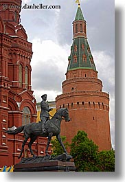 animals, arsenal, asia, bronze, buildings, corner, horses, kremlin, materials, moscow, russia, statues, towers, vertical, photograph