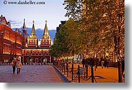 asia, buildings, horizontal, kremlin, moscow, nite, resurrection gate, russia, trees, photograph