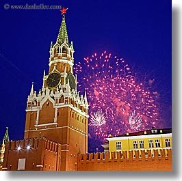 asia, buildings, fireworks, kremlin, landmarks, moscow, russia, savior, slow exposure, square format, towers, photograph