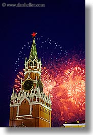asia, buildings, fireworks, kremlin, landmarks, moscow, russia, savior, towers, vertical, photograph