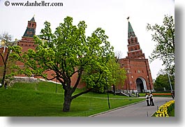 asia, buildings, horizontal, kremlin, moscow, russia, towers, trees, tulips, yellow, photograph