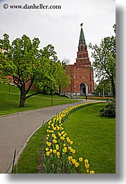 asia, buildings, kremlin, moscow, russia, towers, trees, tulips, vertical, yellow, photograph