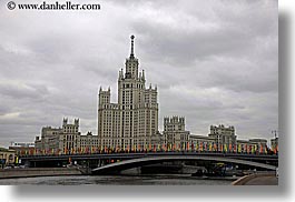 asia, bridge, buildings, flags, horizontal, moscow, russia, photograph