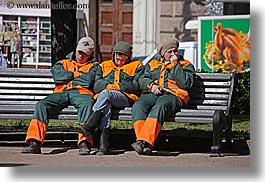 asia, baseball cap, benches, clothes, emotions, groups, hats, horizontal, humor, moscow, oranges, people, russia, suit, workers, photograph