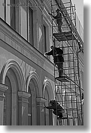 asia, black and white, men, moscow, painters, people, russia, scaffolds, vertical, photograph