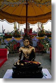 asia, bangkok, buddhas, golden, sitting, thailand, vertical, photograph