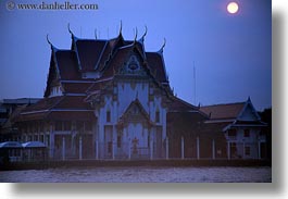 asia, bangkok, hazy, horizontal, sun, temples, thailand, photograph