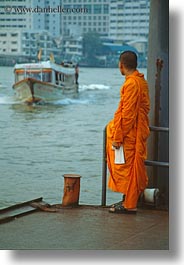 asia, bangkok, boats, looking, monks, people, rivers, thailand, vertical, photograph