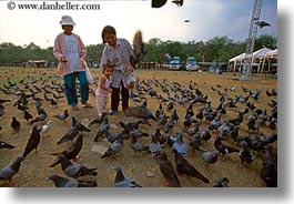 asia, bangkok, girls, horizontal, mothers, people, pigeons, thailand, photograph