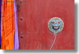 asia, asian, colors, doors, dragons, horizontal, knockers, lhasa, red, scarves, style, tibet, photograph