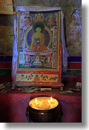 asia, buddhas, candles, ganden monastery, glow, lhasa, lights, paintings, tibet, vertical, photograph