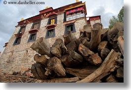 asia, buildings, ganden monastery, horizontal, lhasa, logs, tibet, windows, woods, photograph