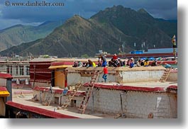 asia, clouds, horizontal, jokhang temple, lhasa, mountains, nature, people, roofs, sky, tibet, working, photograph