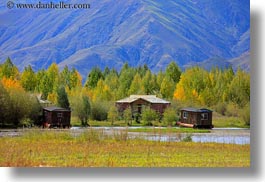 asia, cabins, floating, horizontal, landscapes, lhasa, mountains, nfoliage, tibet, trees, photograph