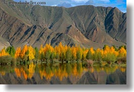 asia, clouds, horizontal, lakes, landscapes, lhasa, mountains, nature, reflections, tibet, trees, water, photograph