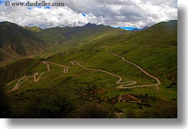 asia, backs, clouds, horizontal, lhasa, monastery hike, mountains, nature, roads, sky, switches, tibet, photograph