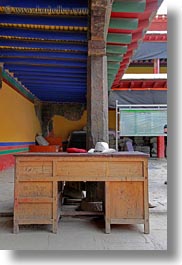 asia, asian, desks, hats, interiors, style, tan druk temple, tibet, vertical, photograph