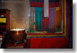 asia, candles, colorful, horizontal, pots, riwodechen monastery, silk, tibet, yarlung valley, photograph