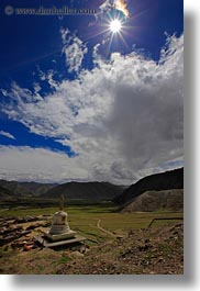 asia, clouds, nature, riwodechen monastery, sky, stupas, sun, tibet, vertical, yarlung valley, photograph