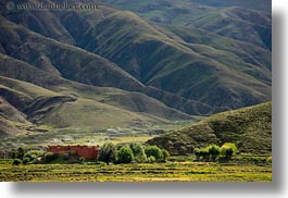 asia, buildings, horizontal, mountains, scenics, tibet, trees, yarlung valley, photograph