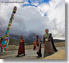 asia, asian, flags, horizontal, people, poles, prayers, tibet, walking, yumbulagang, photograph