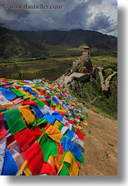 asia, asian, clouds, flags, nature, palace, prayers, sky, style, tibet, vertical, yumbulagang, yumbulagang palace, photograph