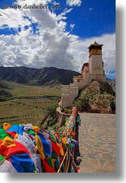 asia, asian, clouds, flags, nature, palace, prayers, sky, style, tibet, vertical, yumbulagang, yumbulagang palace, photograph