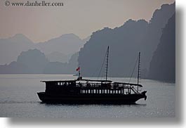 asia, boats, ferry, ha long bay, haze, horizontal, mountains, nature, silhouettes, vietnam, photograph