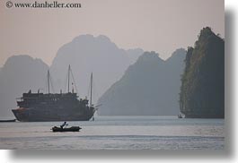 asia, boats, ha long bay, haze, horizontal, mountains, nature, rowing, silhouettes, small, vietnam, womens, photograph