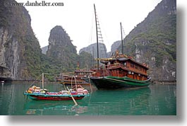 asia, boats, goods, ha long bay, horizontal, mountains, nature, selling, small, vietnam, womens, photograph